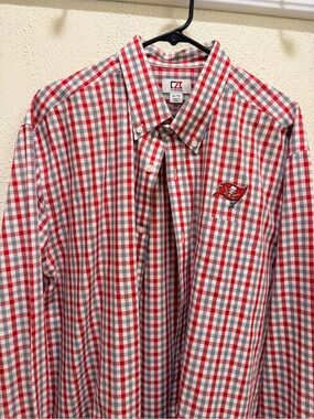Men's Red & White Plaid Button-Down Shirt with Embroidered Buccaneers Logo